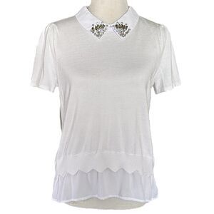 Belldini White Formal Peterpan Embellished Collar Flowy Workwear Blouse Shirt